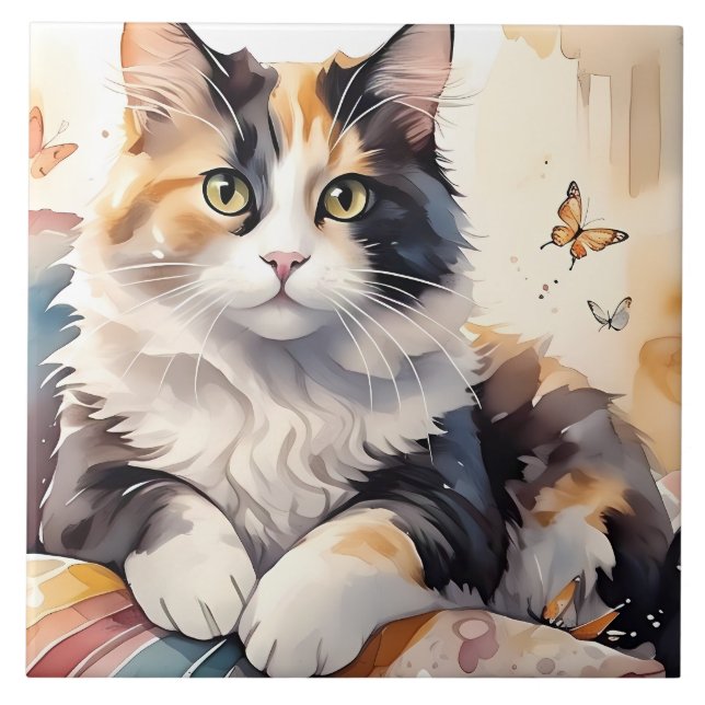 Azulejo Acuarela caprichosa Calico Cat y mariposas (Frente)