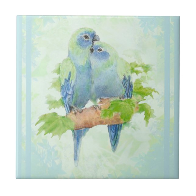 Azulejo Acuarela Cuddling Blue Parrot Bird Willife Art (Frente)