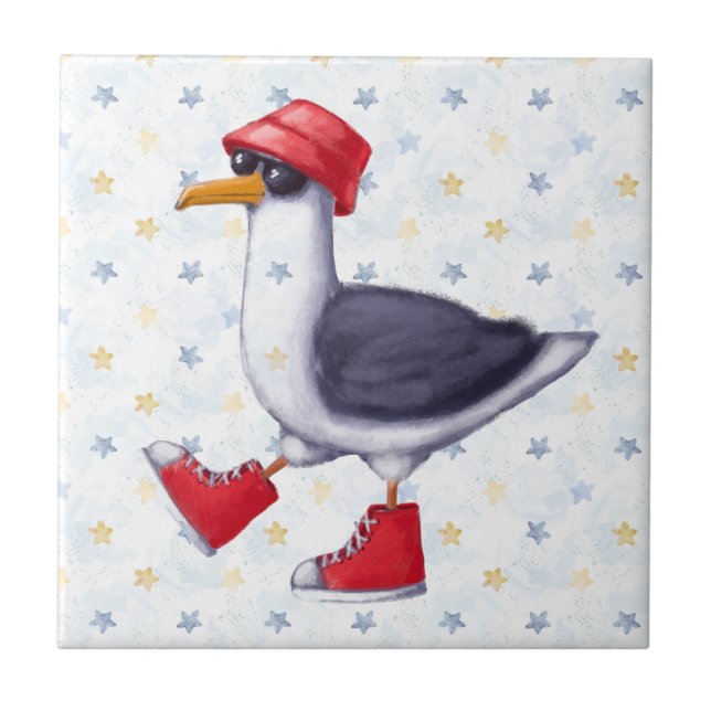 Azulejo Acuarela Cute Beach Seagull Personalizado Bird Nat (Frente)
