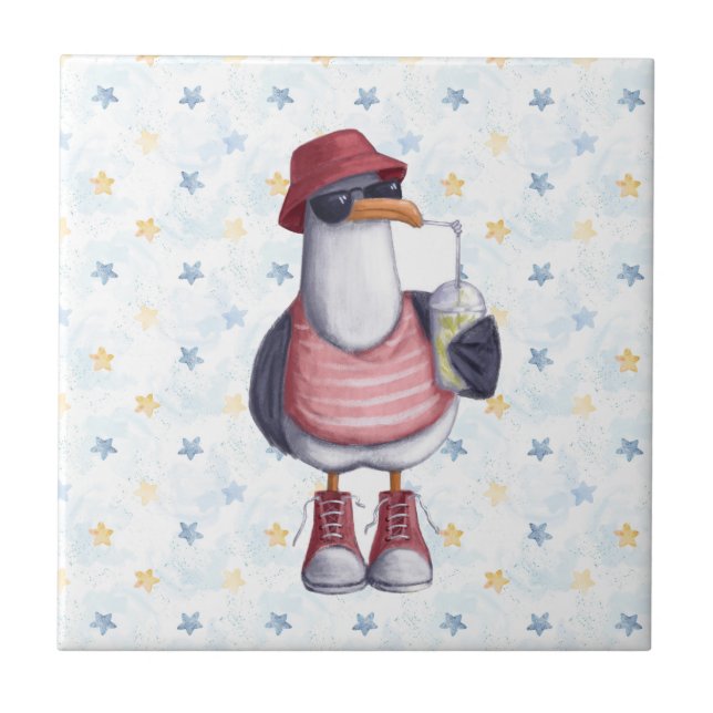Azulejo Acuarela Cute Beach Seagull Personalizado Bird Nat (Frente)
