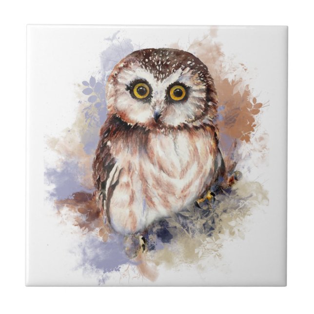 Azulejo Acuarela Cute Pequeña Pájaro De Búho Aturble (Frente)