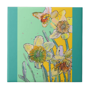 Azulejo Acuarela Daffodil Flor Floral Aqua