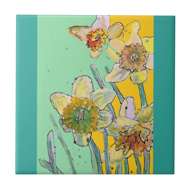 Azulejo Acuarela Daffodil Flor Floral Aqua (Frente)