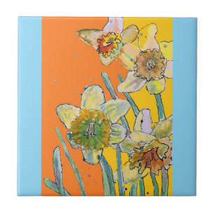Azulejo Acuarela Daffodil Flor Naranja Floral Amarillo