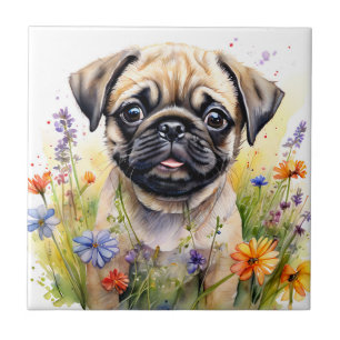 Azulejo Acuarela de cachorro picado en flores silvestres d