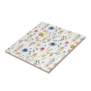 Azulejo Acuarela de Flor Silvestre Azul Amarillo Rosa
