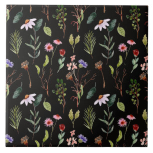Azulejo Acuarela de flores silvestres elegantes en negro,
