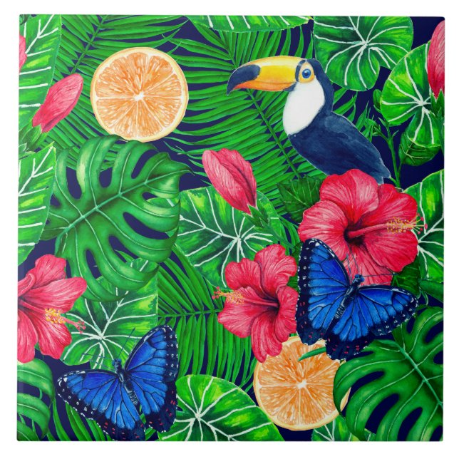 Azulejo Acuarela de jardín tropical y turquesa (Frente)