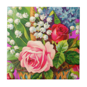 Azulejo Acuarela de la cesta floral del vintage