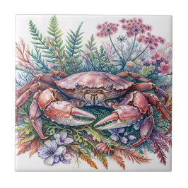 Azulejo Acuarela de la vida en el mar de cangrejo botánico