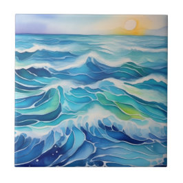 Azulejo Acuarela de las olas del mar bajo el sol