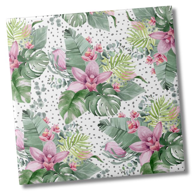 Azulejo Acuarela de palma floral Patrón tropical botánico (Cute Trendy Dot Floral Watercolor Tropical Pattern Ceramic Tile)