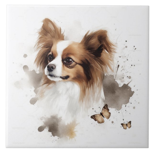 Azulejo Acuarela de perro de Papillon con mariposas (Frente)
