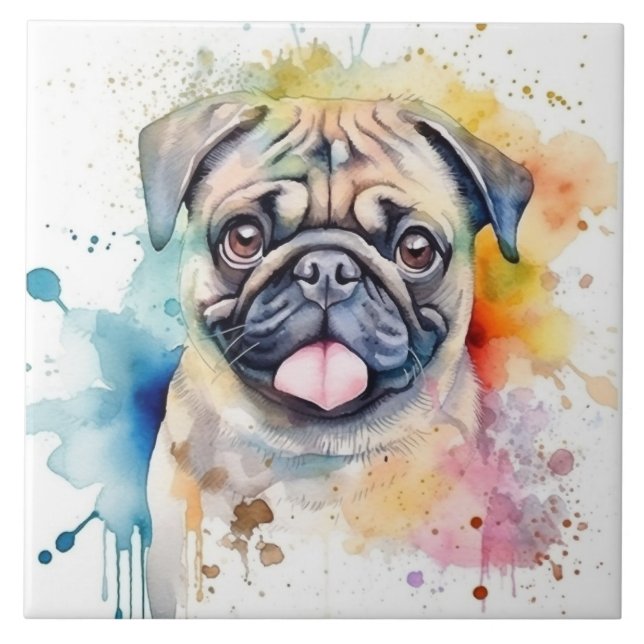 Azulejo Acuarela de perro Pug (Frente)