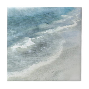 Azulejo Acuarela de playa - Verde azuladas olas azules osc