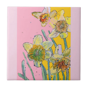 Azulejo Acuarela Flor de Narciso Floral Rosa Amarillo