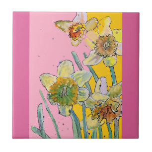 Azulejo Acuarela Flor de Narciso Floral Rosa Amarillo