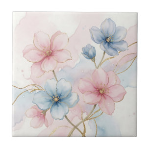 Azulejo Acuarela floral azul rosa elegante