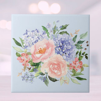 Azulejo Acuarela Floral de Primavera Hydrangea Peonía Rosa