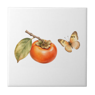 Azulejo Acuarela Fruta Caqui y Mariposa