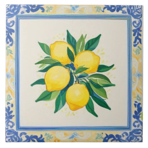 Azulejo Acuarela limones azul verde amarillo blanco verani