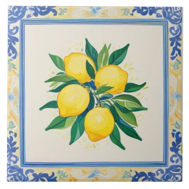 Azulejo Acuarela limones azul verde amarillo blanco verani (Frente)