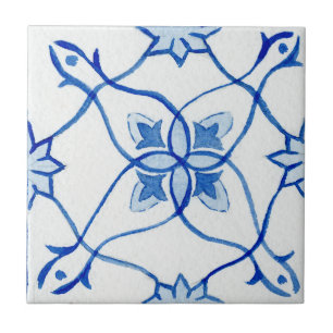 Azulejo Acuarela mediterránea azul y blanca con patrones