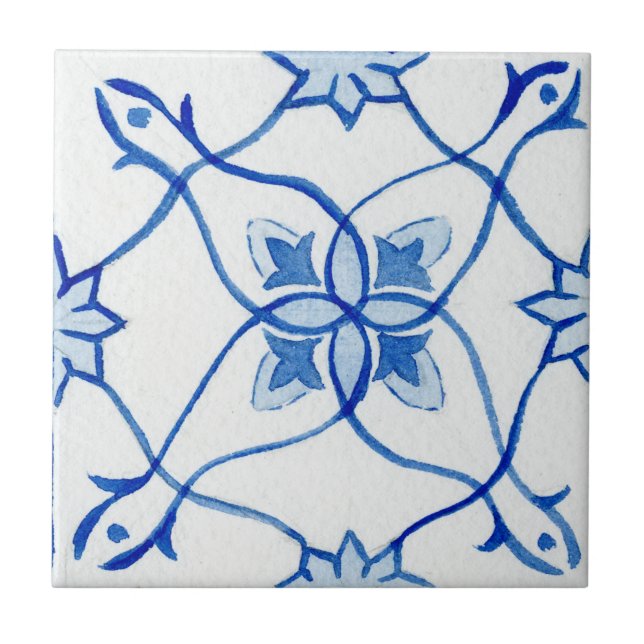 Azulejo Acuarela mediterránea azul y blanca con patrones (Frente)