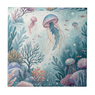 Azulejo Acuarela Medusa Arrecife de Coral Patrón Subacuáti