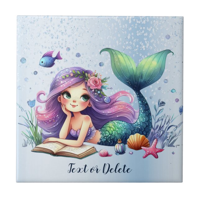 Azulejo Acuarela Mermaid Sea Life Cuto Hermoso (Frente)