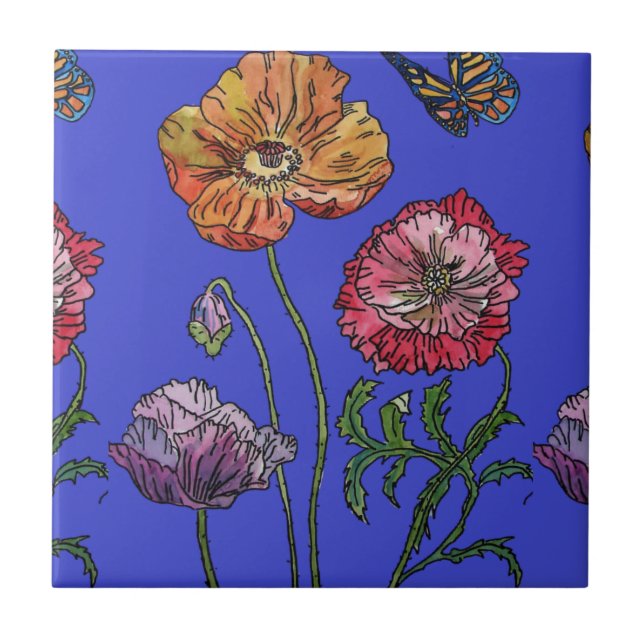 Azulejo Acuarela Naranja Blue Poppy Floral Cerámica Tile (Frente)