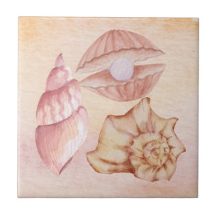 Azulejo Acuarela náutica conchas de mar rosa pintura arte