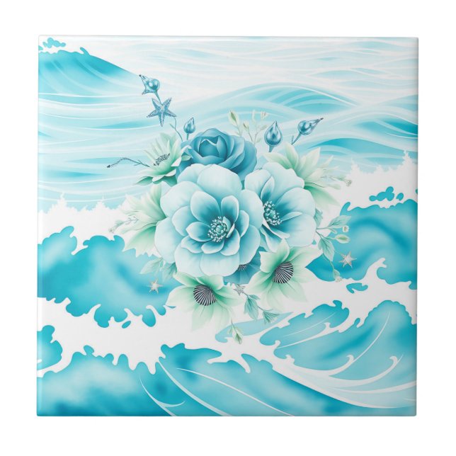 Azulejo Acuarela oceánica con fondo marino (Frente)