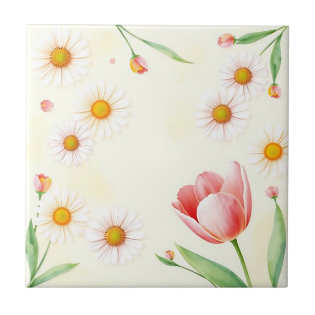 Azulejo Acuarela Pastel Daisies y Tulips (Frente)