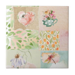 Azulejo acuarela pastel floral y natural Collage art