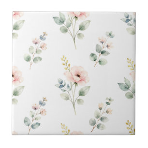 Azulejo Acuarela Peonía Eucalipto Floral Delicado