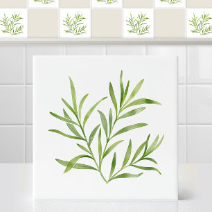 Azulejo Acuarela Ramo de Hoja Botánica de Estragón Francés