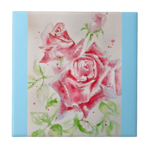 Azulejo Acuarela Rosa Roja Rosas Rosado Floral Bebé Azul