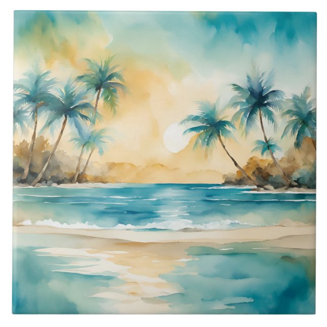 Azulejo Acuarela Tropical Beach Sunset (Frente)