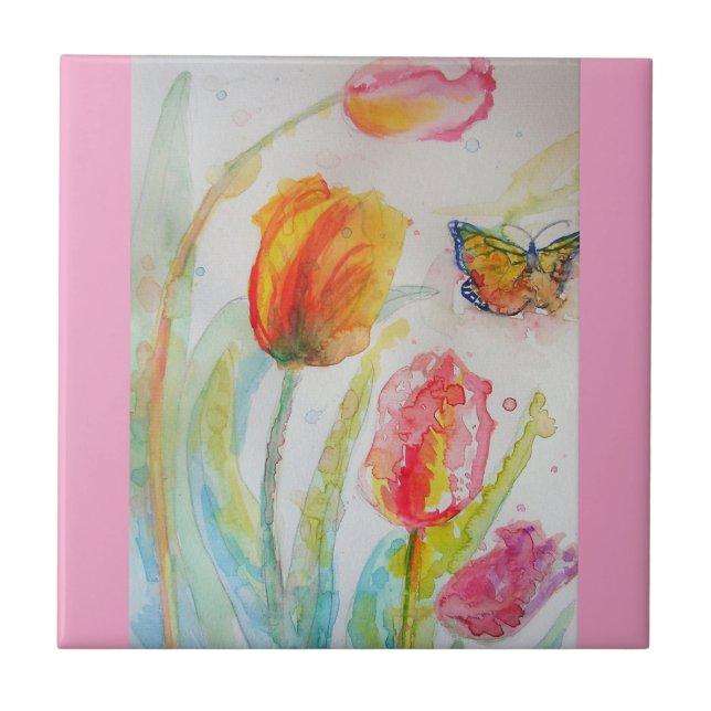 Azulejo Acuarela Tulipán rosa Flor floral Cerámica Tile (Frente)