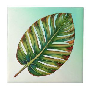 Azulejo Acuarela Verde Turquesa Amarillo Rojo Hoja Tropica