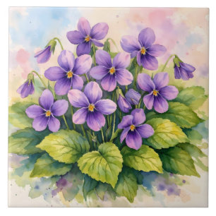 Azulejo Acuarela Violetas Púrpuras en Flor