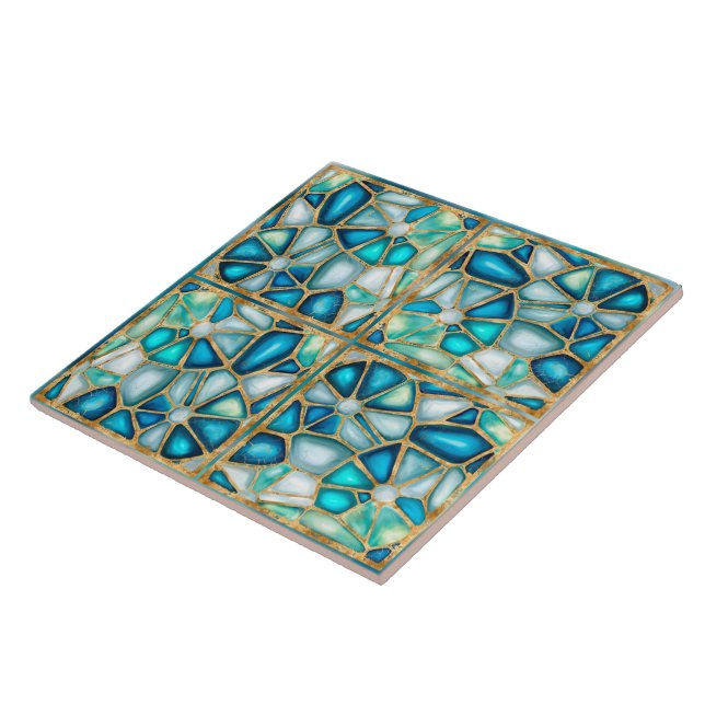 Azulejo Acuarela y células doradas - océano - marco de tea (Lado)