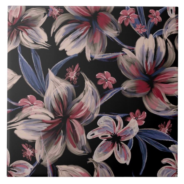 Azulejo Acuarelas Crimson Floral sobre negro (Frente)