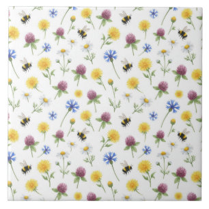 Azulejo Acuarelas de flores silvestres y abejas de miel 