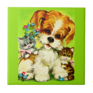 Azulejo adorable cachorro y gatitos sonrientes