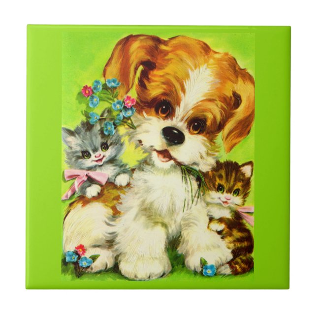 Azulejo adorable cachorro y gatitos sonrientes (Frente)