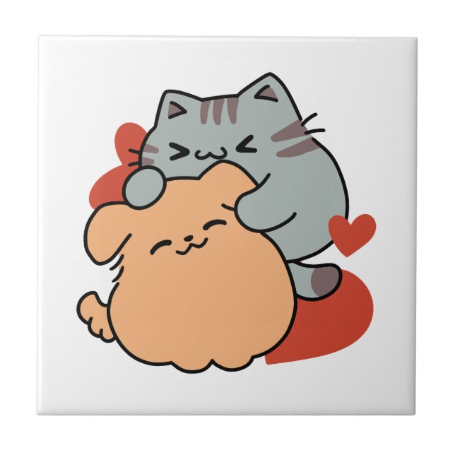 Azulejo Adorable Cat and Dog Hug - Diseño de Meow & Woof (Frente)