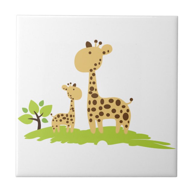Azulejo Adorable mamá y bebé Giraffe Verde y Amarillo (Frente)