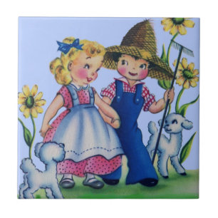 Azulejo adorable muchacho de granja y chica de granja de l